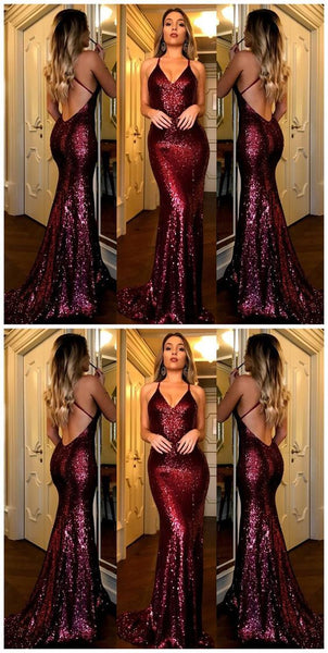 Cross Back Burgundy Sequin Prom Dresses, Mermaid Prom Dresses, Affordable Prom Dresses