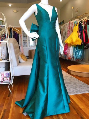 Elegant V-neck Long Sheath Satin Prom Dresses, Long Prom Dresses, Prom Dresses
