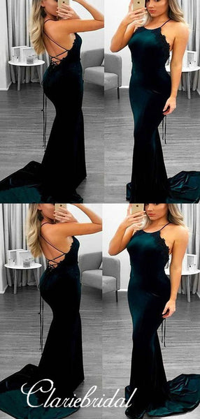 Emerald Green Velvet Prom Dresses, Cross Back Mermaid Prom Dresses, Prom Dresses