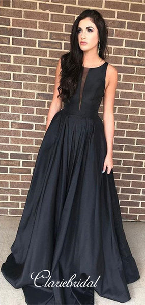 Black Satin A-line Prom Dresses, Long Prom Dresses, Popular Prom Dresses