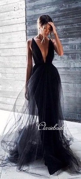 Deep V-neck Black Tulle Prom Dresses, Long A-line Prom Dresses, Chic Prom Dresses