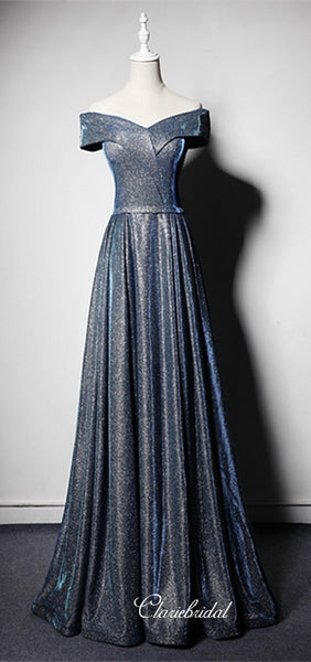 Off Shoulder Shemmering Fabric Long A-line Prom Dresses, Simple Prom Dresses, Long Prom Dresses