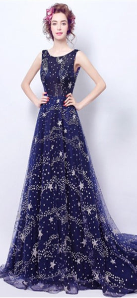 Round Neck Long A-line Sky Prom Dresses, Shiny Sparkle Long Prom Dresses, Long Prom Dresses