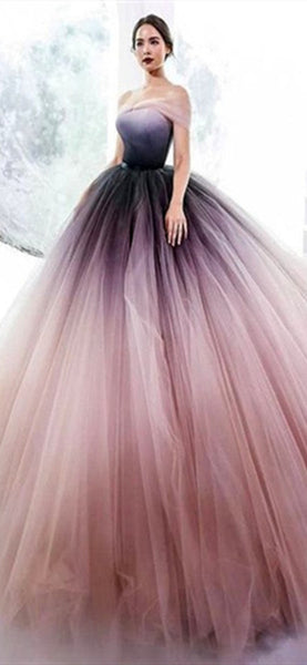 Off Shoulder Obrem Prom Dresses, Long A-line Tulle Prom Dresses, Fluffy Prom Dresses