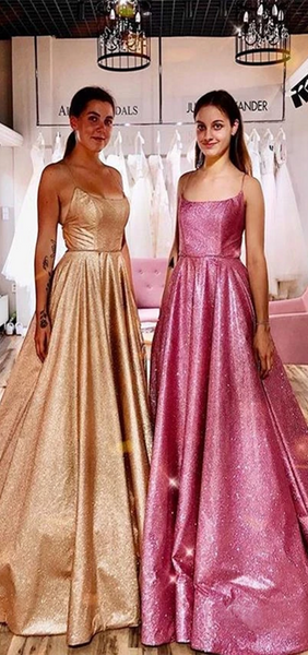 Spaghetti Long A-line Shemmering Prom Dresses, Long Prom Dresses, 2020 Popular Prom Dresses