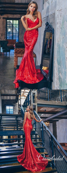 Straps Long Mermaid Red Sequin Prom Dresses, Newest Long Prom Dresses