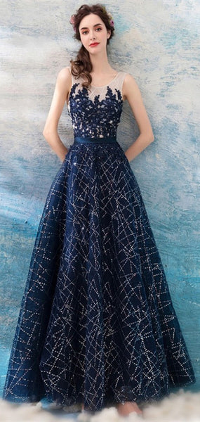 Round Neck Long A-line Navy Sequin Tulle Prom Dresses, Lace Beaded Prom Dresses