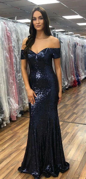 Off Shoulder Navy Sequin Prom Dresses, Mermaid Prom Dresses, Long Prom Dresses