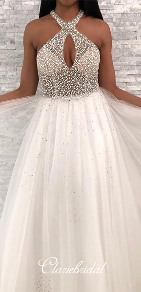 Key Hole Long A-line Ivory Beaded Tulle Prom Dresses, New Arrival Prom Dresses, 2020 Prom Dresses