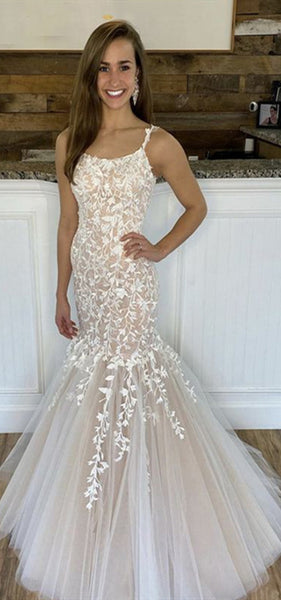 Staps Lace Tulle Prom Dresses, Lovely Ivory Prom Dresses, Lace Up Prom Dresses