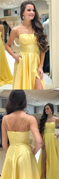 Lovely Simple Yellow Elastic Satin Prom Dresses With Pockets, Long Prom Dresses, High Slit Prom Dresses