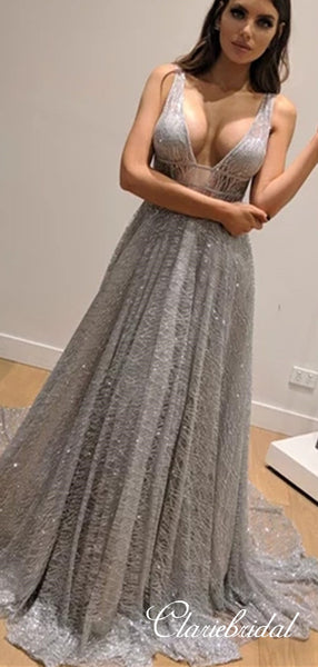 Deep V-neck Silver Sequin Tulle Long A-line Prom Dresses, Shiny Prom Dresses