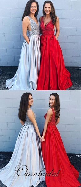 V-neck Beaded A-line Satin Prom Dresses, Elegant Prom Dresses, Prom Dresses