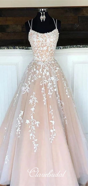 Lovely Lace Tulle Prom Dresses, Champagne Long Prom Dresses, Lace Prom Dresses, 2020 Prom Dresses