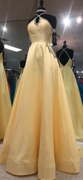Keyhole Long A-line Yellow Satin Prom Dresses, Beaded Detail Prom Dresses, Popular Prom Dresses