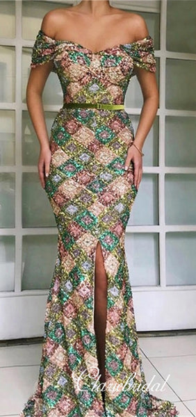 Off Shoulder Long Mermaid Sequin Prom Dresses, Front Slit Long Prom Dresses, New Design Prom Dresses