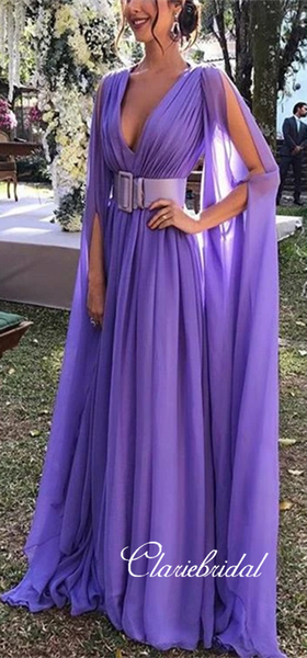 V-neck Long A-line Chiffon Prom Dresses, Long Prom Dresses, 2020 Prom Dresses, Cheap Prom Dresses