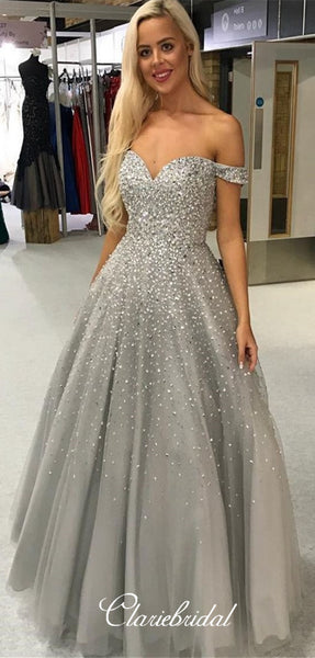 Off Shoulder Long A-line Grey Tulle Beaded Prom Dresses, Lovely Long Prom Dresses, New 2020 Prom Dresses