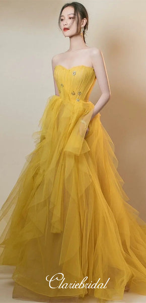 Strapless Long A-line Yellow Tulle Beaded Prom Dresses, Lovely Prom Dresses, Newest Prom Dresses