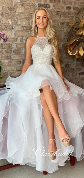 Halter Long A-line Hi-low Prom Dresses, Beaded Long Prom Dresses, New Arrival 2020 Prom Dresses