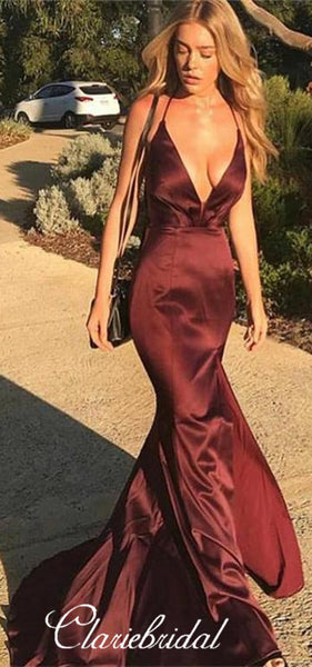 Sexy Maroon Elastic Satin Prom Dresses, Long Prom Dresses, Popular Prom Dresses