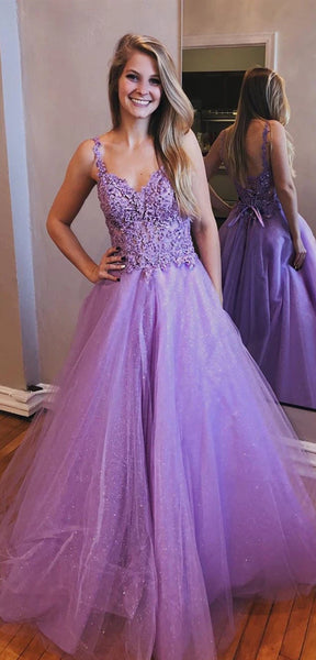 Straps Long A-line Prom Dresses, Lace Appliques Beaded Prom Dresses, Long Prom Dresses