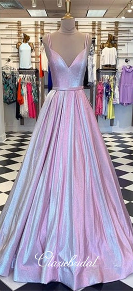 Straps Long A-line Elastic Tafetta Long Prom Dresses, V-neck Pink Prom Dresses, Newest Prom Dresses
