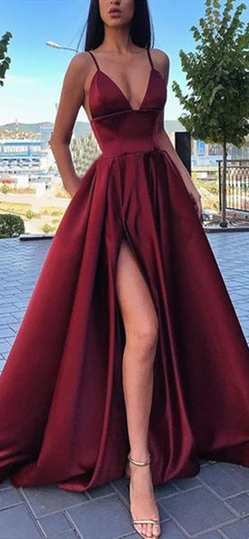 Spaghetti Long A-line Side Slit Burgundy Prom Dresses, Simple Popular Prom Dresses, 2020 Prom Dresses