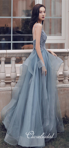 Spaghetti Long A-line Grey Tulle Lace Prom Dresses, Beaded Prom Dresses, Lovely Long Prom Dresses