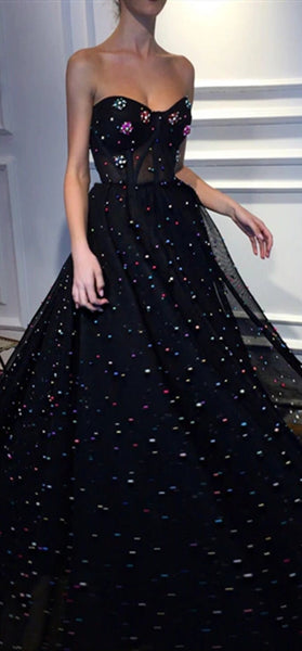 Sweetheart Long A-line Black Tulle Beaded Prom Dresses, Long Prom Dresses, 2020 Prom Dresses