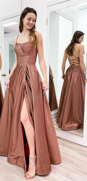 Straps Lace Up Shemmering Fabric Long Prom Dresses, 2020 Prom Dresses, Cheap Prom Dresses, Popular Prom Dresses