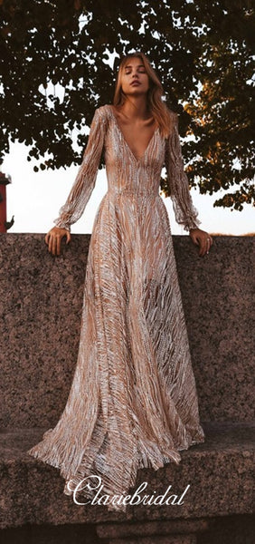 V-neck Long A-line Shiny Sequin Prom Dresses, Long Sleeves Prom Dresses, Shiny Prom Dresses