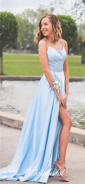 Simple Long A-line Light Blue Elastic Satin Prom Dresses, Side Slit Prom Dresses, Long Prom Dresses