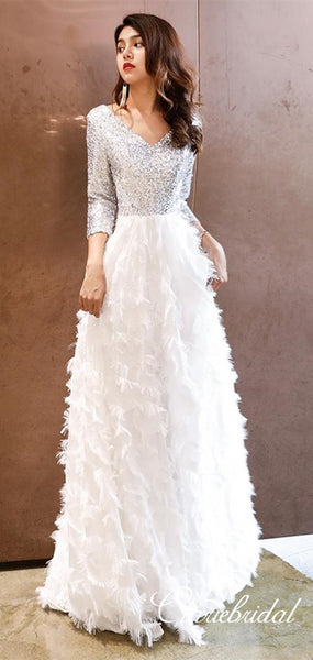 V-neck Silver Sequin Top Long A-line White Feather Skirt Prom Dresses, New Arrival Prom Dresses, Long Prom Dresses