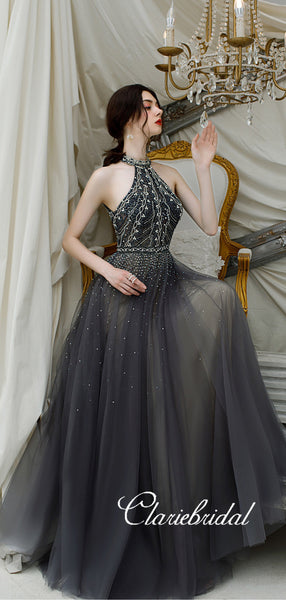 New Claire Design Dark Grey Rhinestone Beaded Long Prom Dresses, Chic Prom Dresses