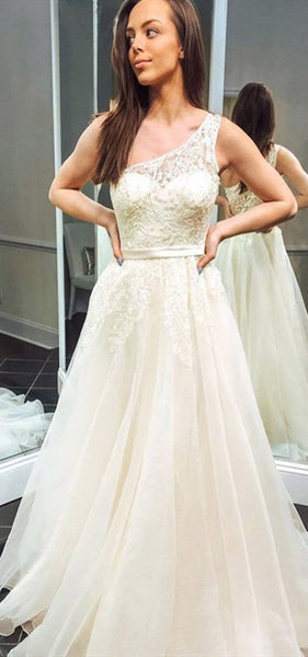 One Shoulder Long A-line Lace Tulle Prom Dresses, Lovely Prom Dresses, 2020 Prom Dresses
