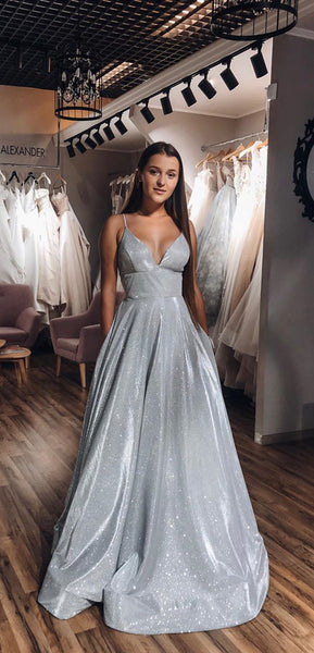 Straps Long A-line Silver Shemmering Prom Dresses, Lovely Prom Dresses, Long Prom Dresses