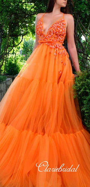 V-neck Long A-line Bright Orange Prom Dresses, Tulle Prom Dresses, Long Prom Dresses
