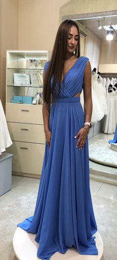 V-neck Sky Blue A-line Chiffon Prom Dresses, Long Bridesmaid Dresses