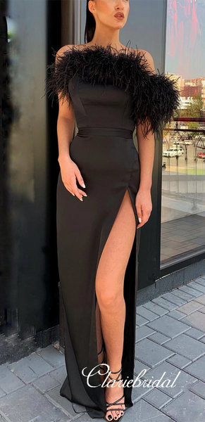 Off Shoulder Long Sheath Black Feather Satin Prom Dresses, Side Slit Long Prom Dresses, Prom Dresses