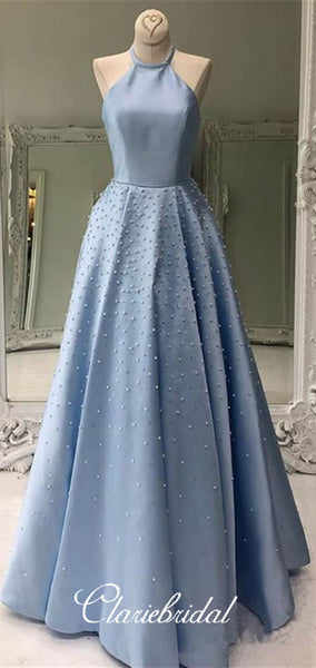 Halter Long A-line Beaded Prom Dresses With Pearls