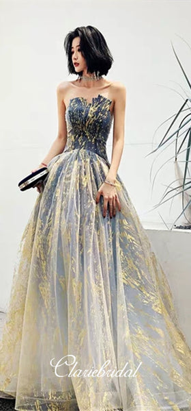 Strapless Long A-line Customized Sparkle Material Long Prom Dresses, Evening Dresses, 2020 Prom Dresses