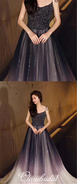 Spaghetti Long A-line Gradient Sequin Tulle Beaded Prom Dresses, Long Prom Dresses, Newest Claire Design Prom Dresses