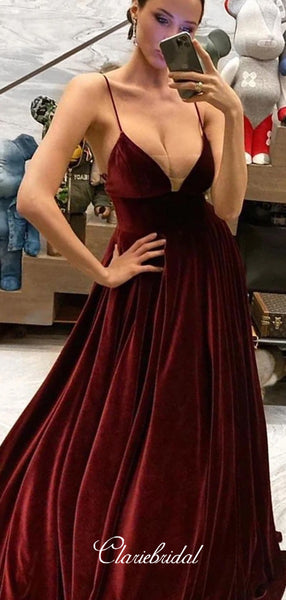 V-neck Long A-line Velvet Prom Dresses, Dark Red Prom Dresses, New Prom Dresses, 2020 Prom Dresses