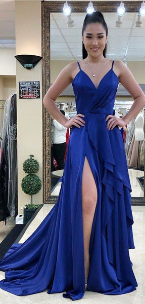High Slit Royal Blue Prom Dresses, 2020 Prom Dresses, Simple Long Prom Dresses