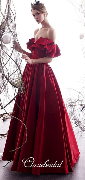 Off Shoulder Long A-line Red Satin Prom Dresses, Lace Up Prom Dresses, 2020 Prom Dresses