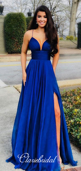 Spaghetti A-line Prom Dresses, Royal Blue Prom Dresses, Chiffon Prom Dresses