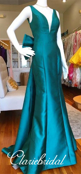 Elegant V-neck Long Sheath Satin Prom Dresses, Long Prom Dresses, Prom Dresses