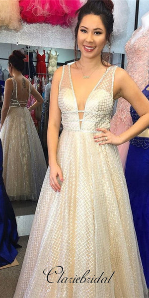 V-neck Sequin Tulle Long A-line Prom Dresses, Special Prom Dresses, Prom Dresses