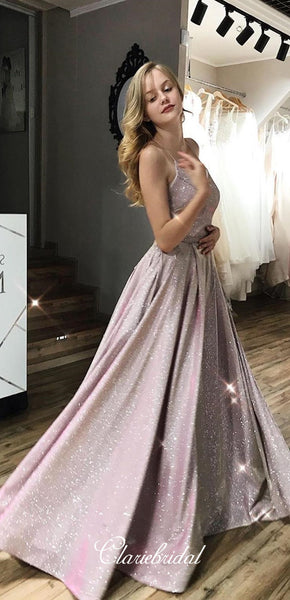 Spaghetti Long A-line Shemmering Fabric Prom Dresses, 2020 Prom Dresses, Long Prom Dresses, V-neck Prom Dresses